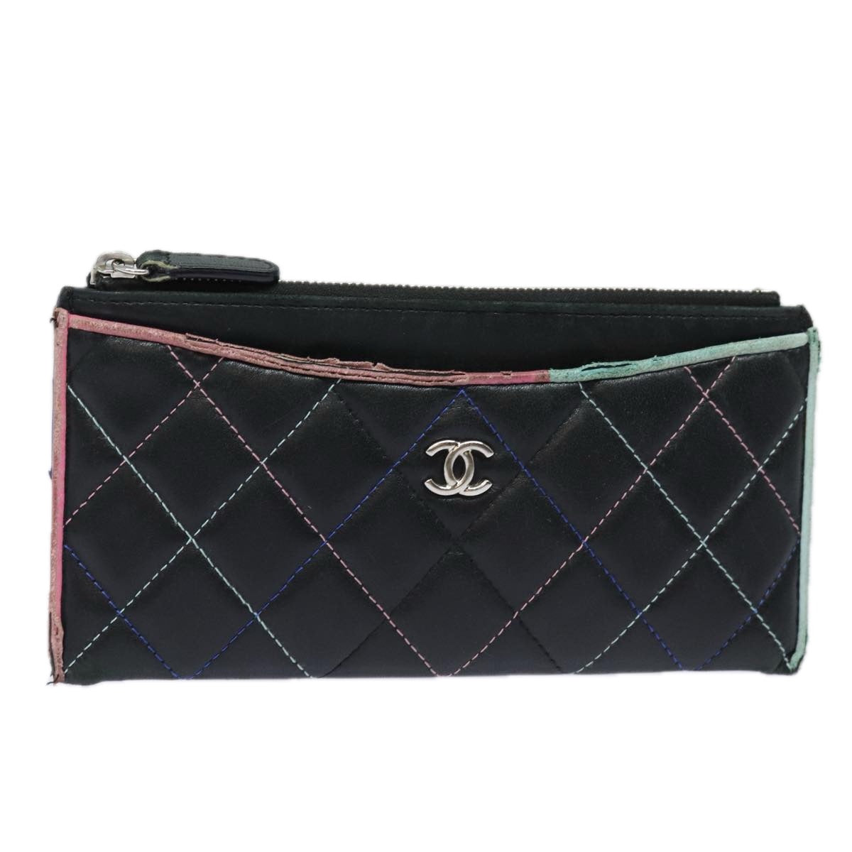 CHANEL Matelasse Accessory Case Pouch Lamb Skin Black CC Auth 81802