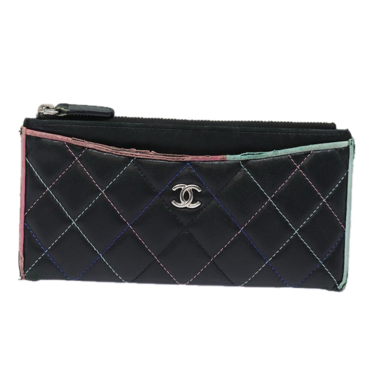 CHANEL Matelasse Accessory Case Pouch Lamb Skin Black CC Auth 81802