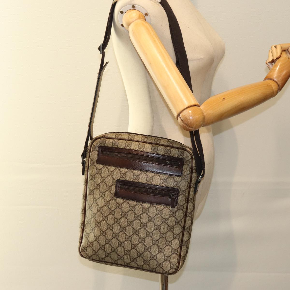 GUCCI Shoulder Bag PVC Leather Beige Dark Brown 92551 Auth 81805