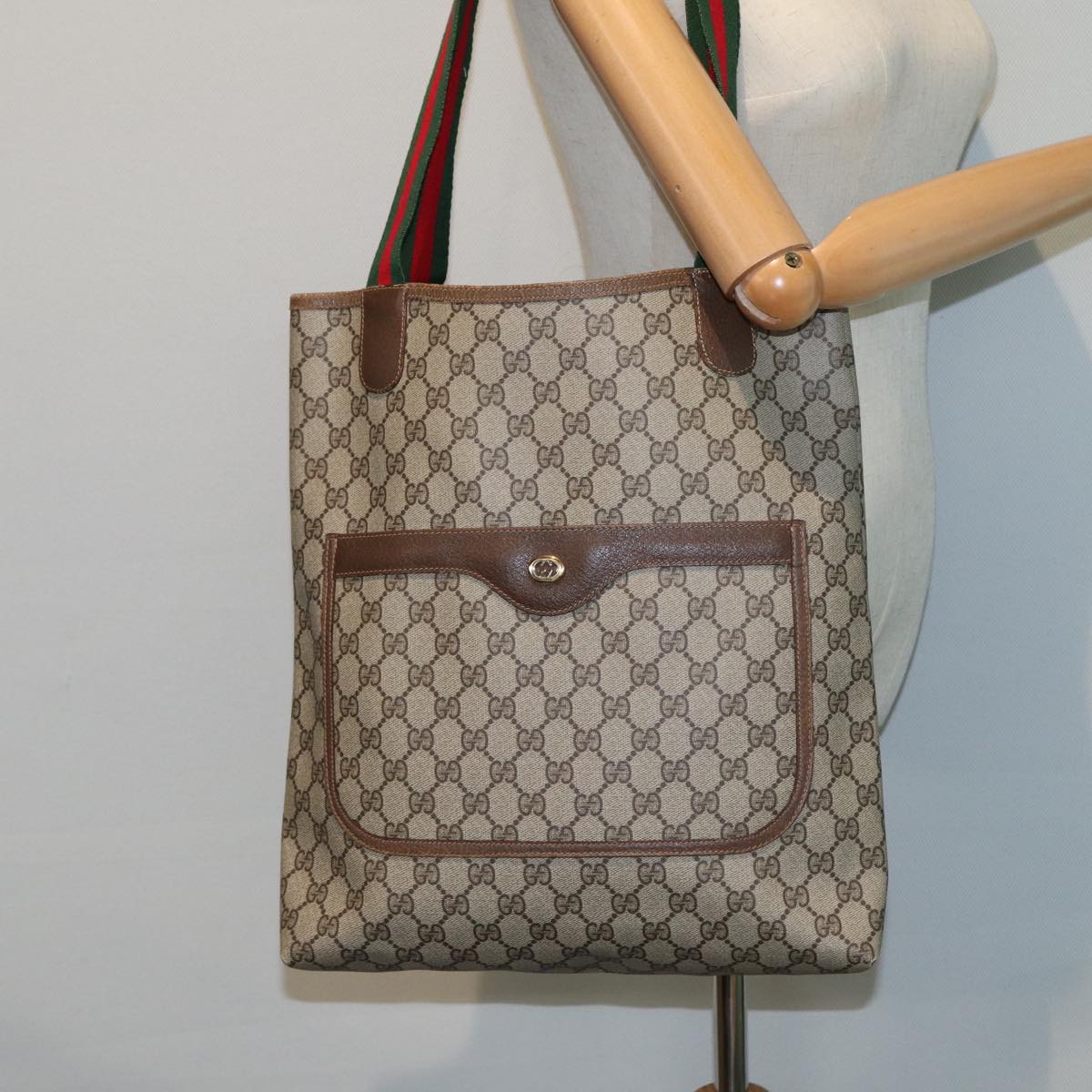 GUCCI GG Supreme Web Sherry Line Tote Bag Beige 40 02 003 Auth 81810