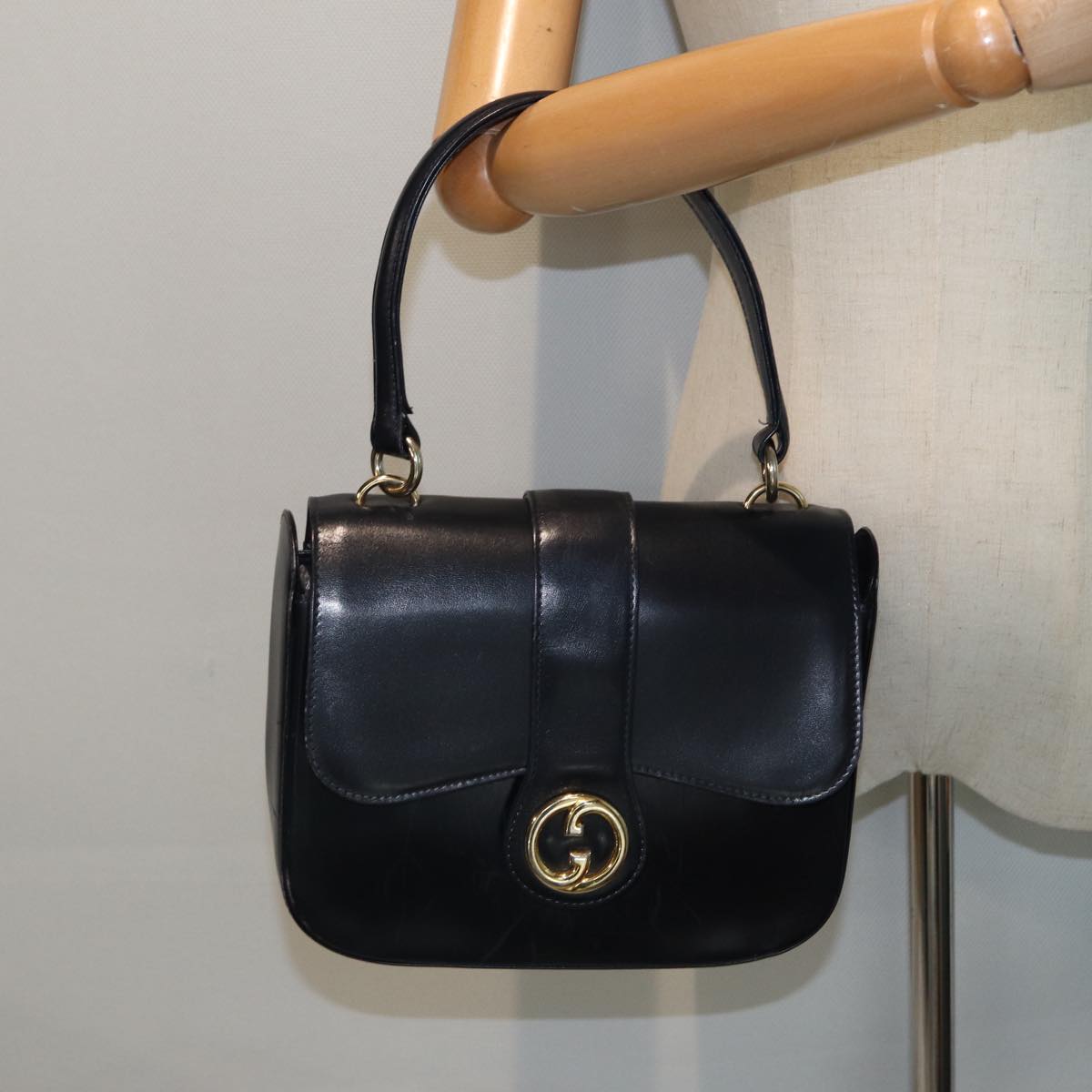 GUCCI Hand Bag Leather Black Auth 81848