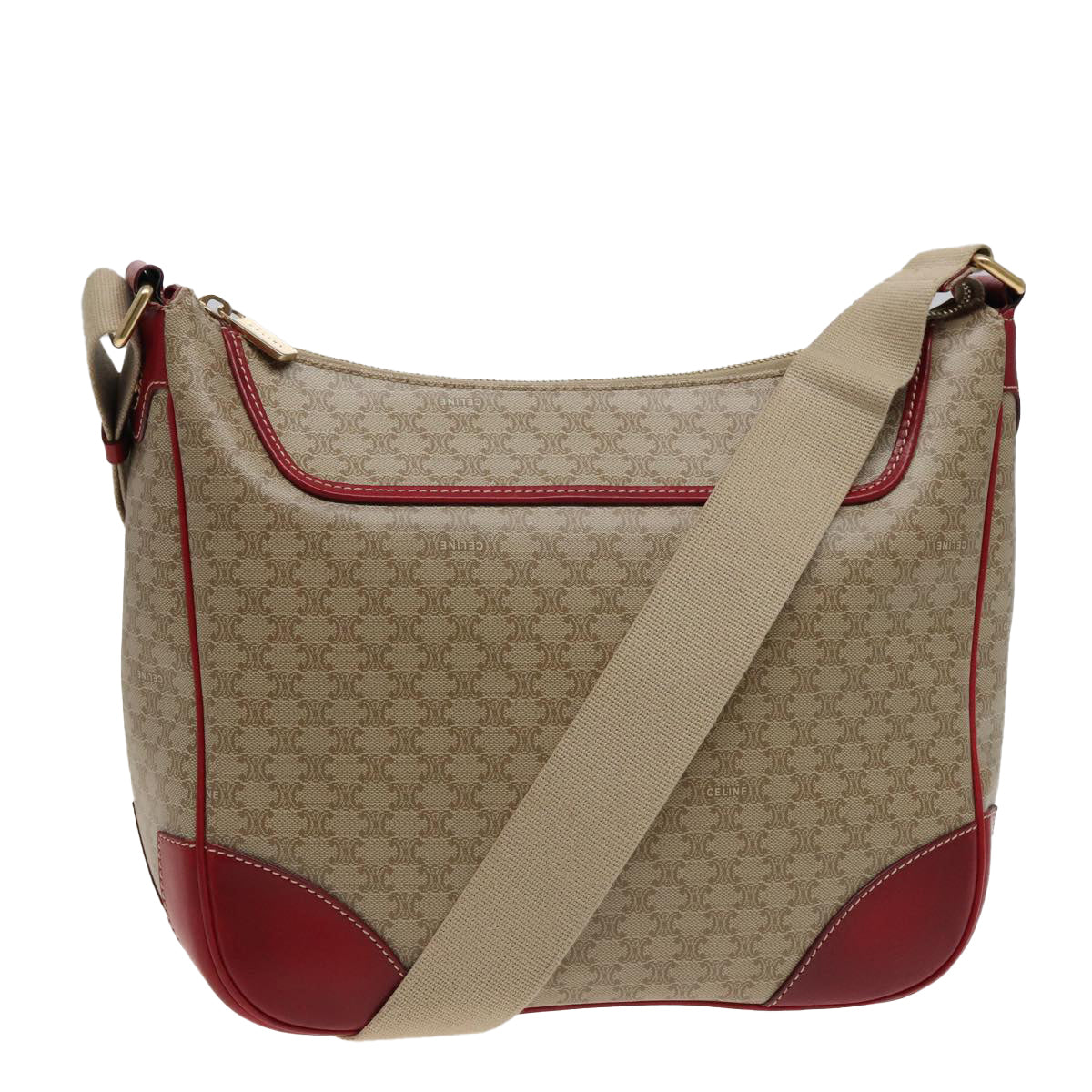 CELINE Macadam Canvas Shoulder Bag PVC Leather Beige Red Auth 81863