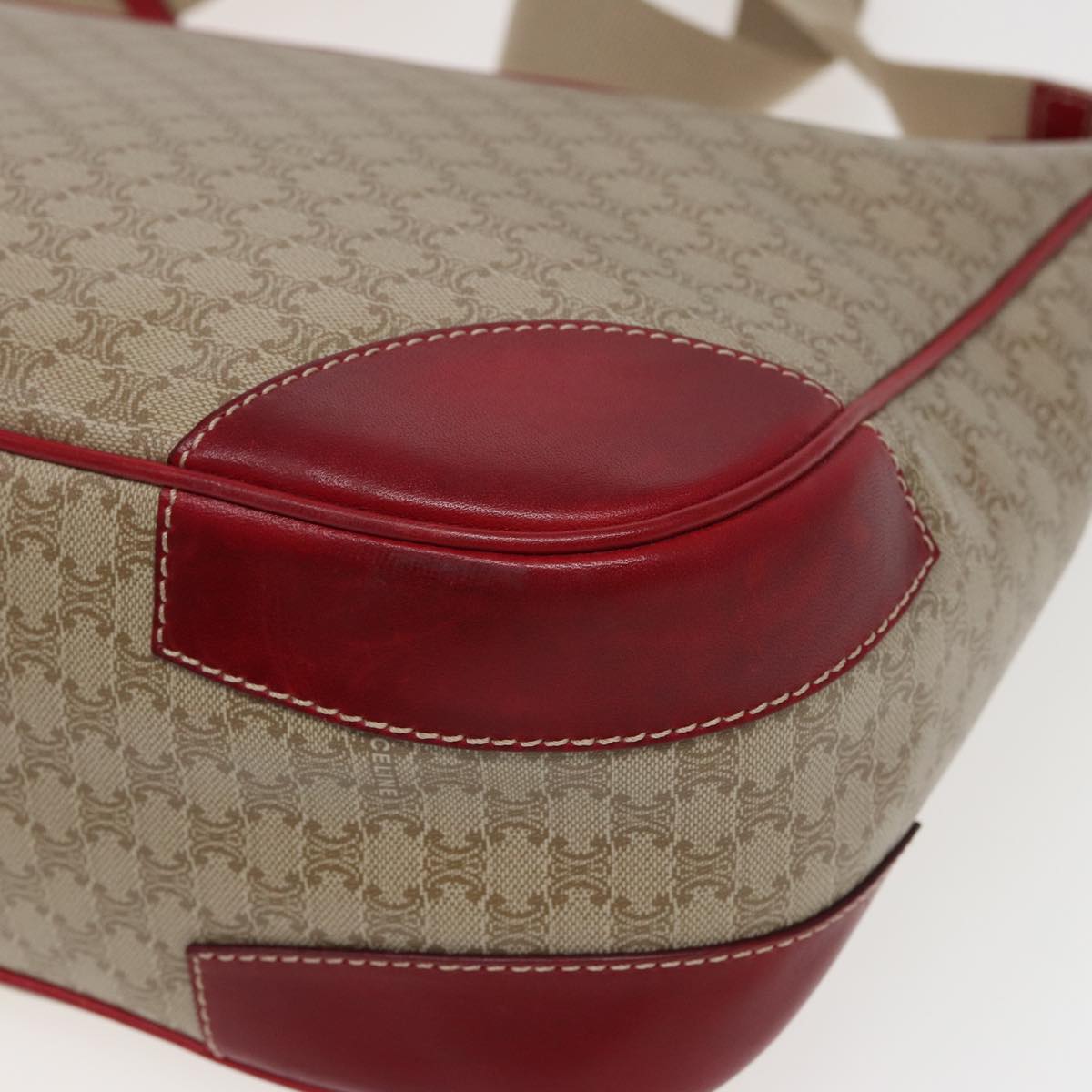 CELINE Macadam Canvas Shoulder Bag PVC Leather Beige Red Auth 81863