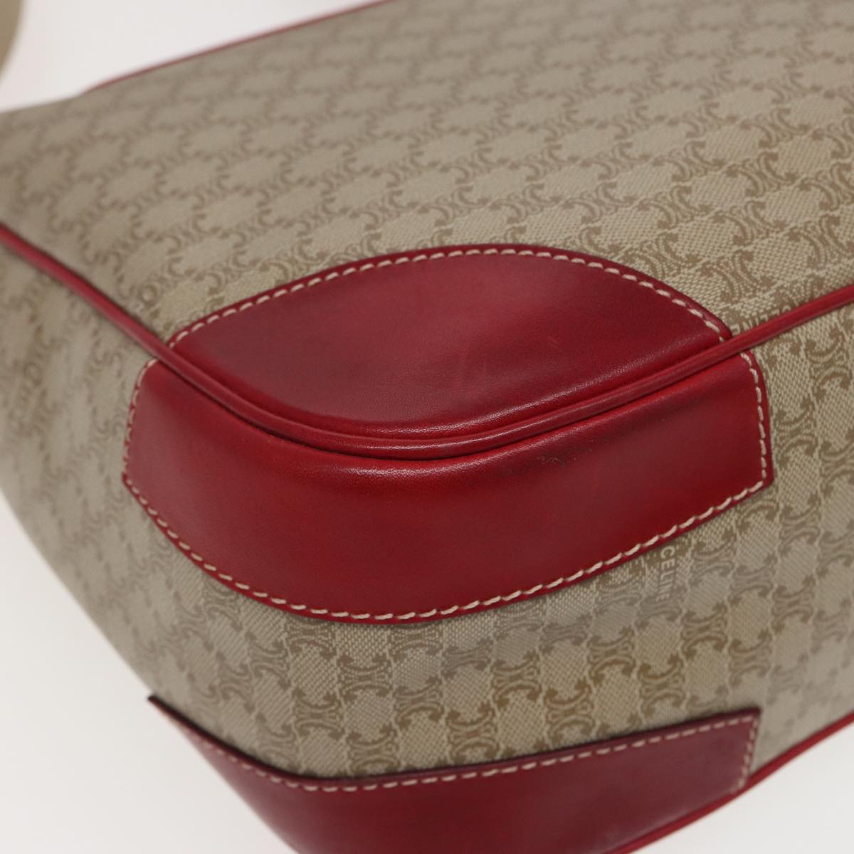 CELINE Macadam Canvas Shoulder Bag PVC Leather Beige Red Auth 81863