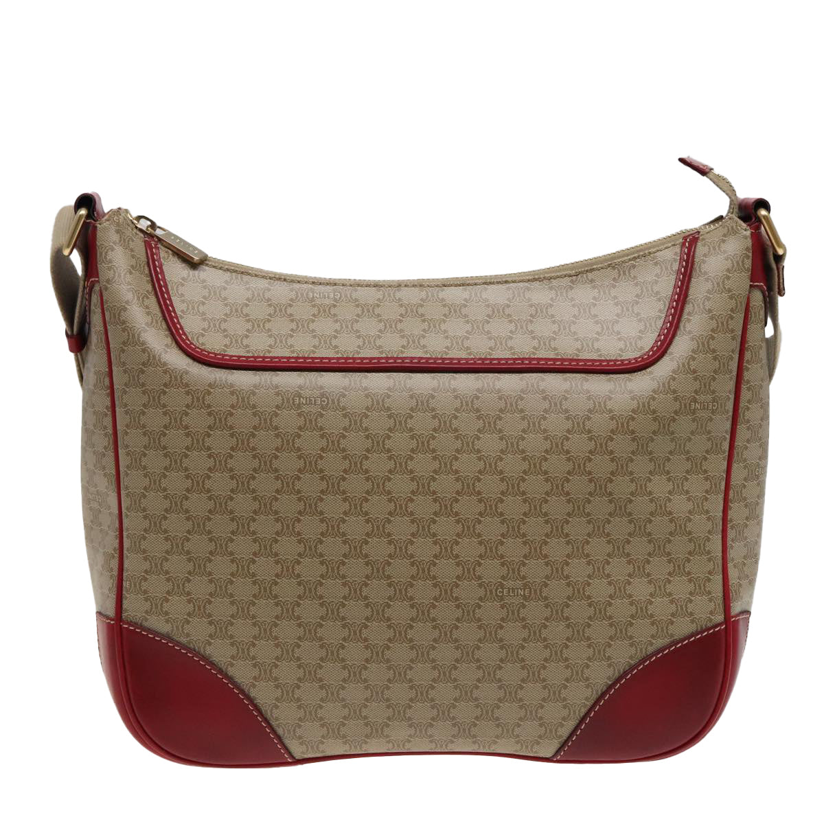 CELINE Macadam Canvas Shoulder Bag PVC Leather Beige Red Auth 81863 - 0