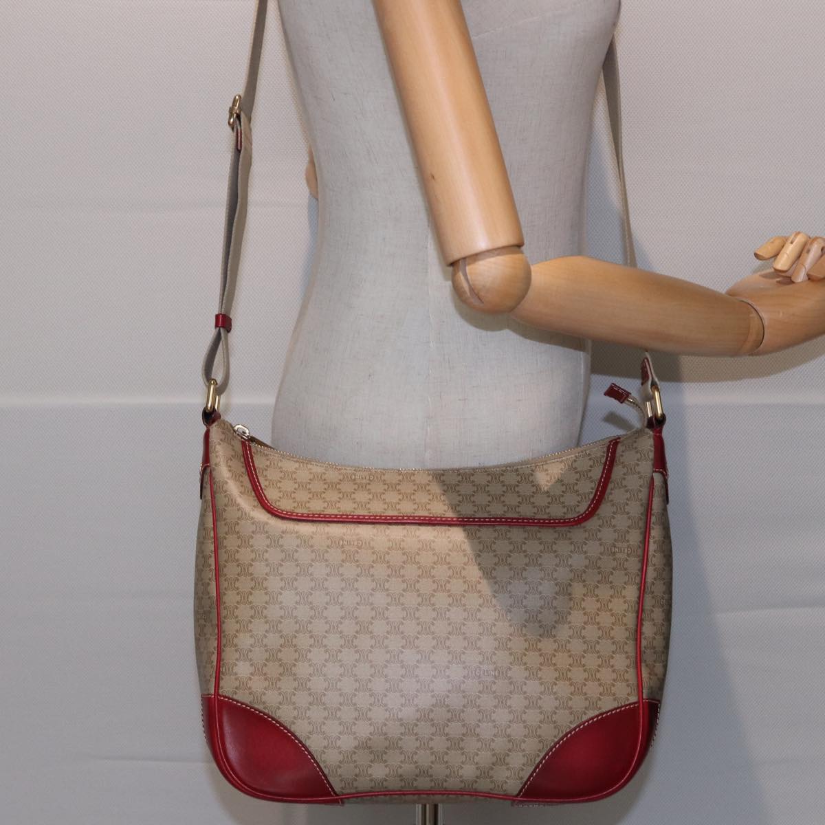 CELINE Macadam Canvas Shoulder Bag PVC Leather Beige Red Auth 81863