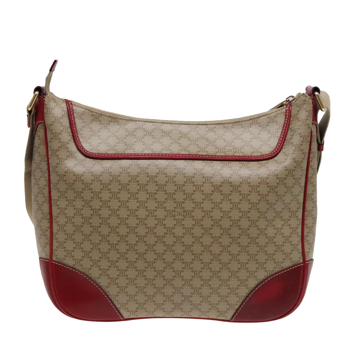 CELINE Macadam Canvas Shoulder Bag PVC Leather Beige Red Auth 81863