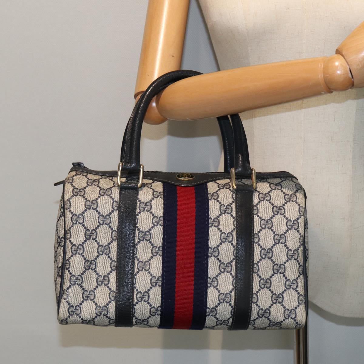 GUCCI GG Canvas Boston Bag PVC Leather Navy 40 3841 Auth 81871