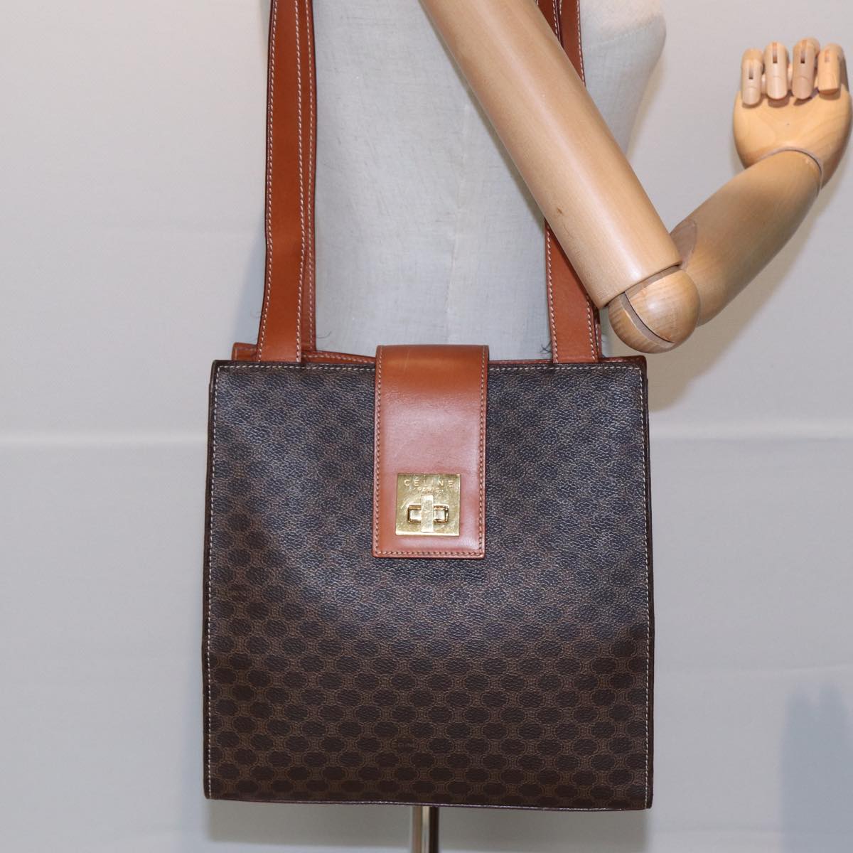 CELINE Macadam Canvas Shoulder Bag PVC Leather Brown Auth 81882