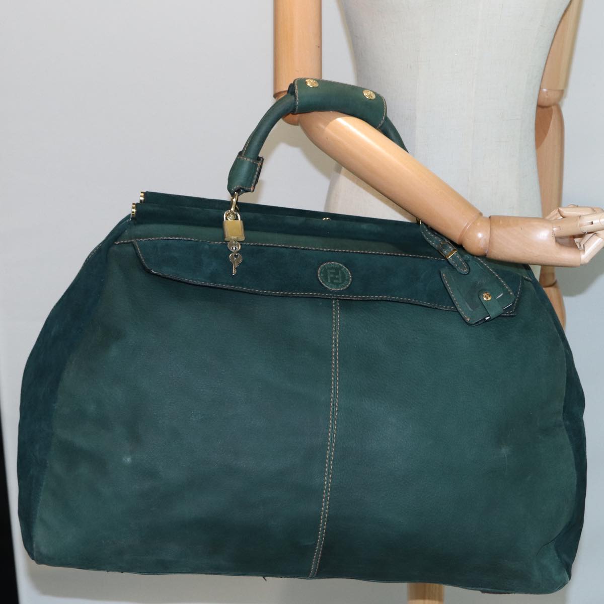 FENDI Boston Bag Leather Suede Green Auth 81893