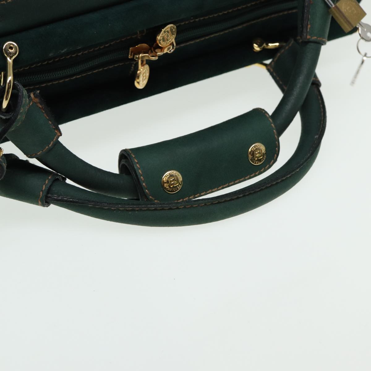 FENDI Boston Bag Leather Suede Green Auth 81893