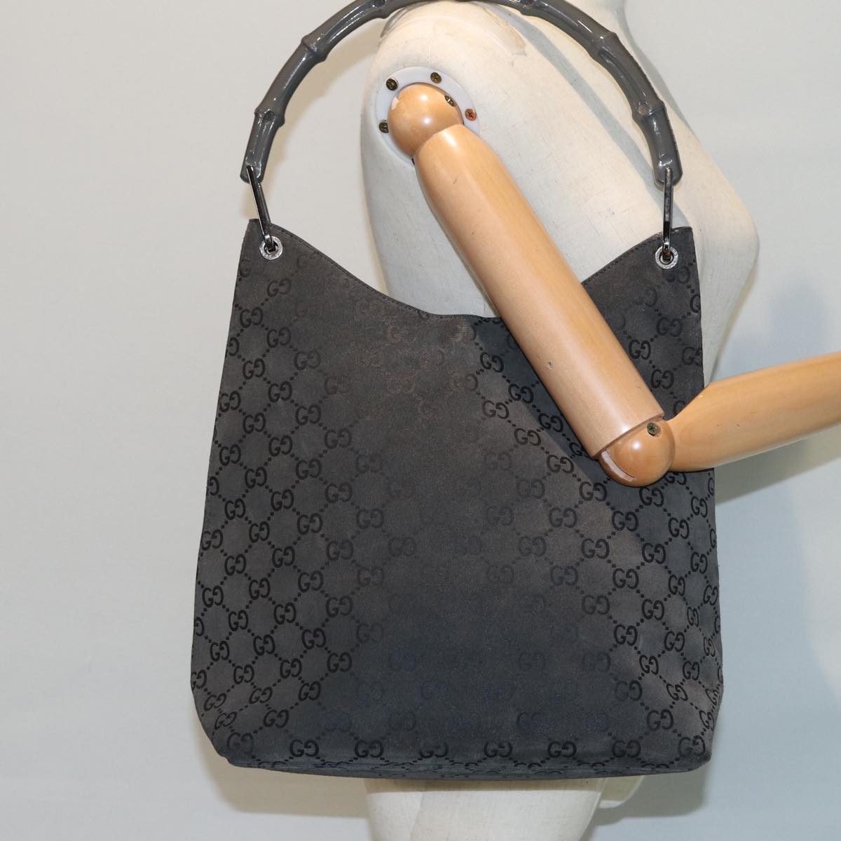 GUCCI Bamboo GG Canvas Shoulder Bag Suede Gray Auth 81910