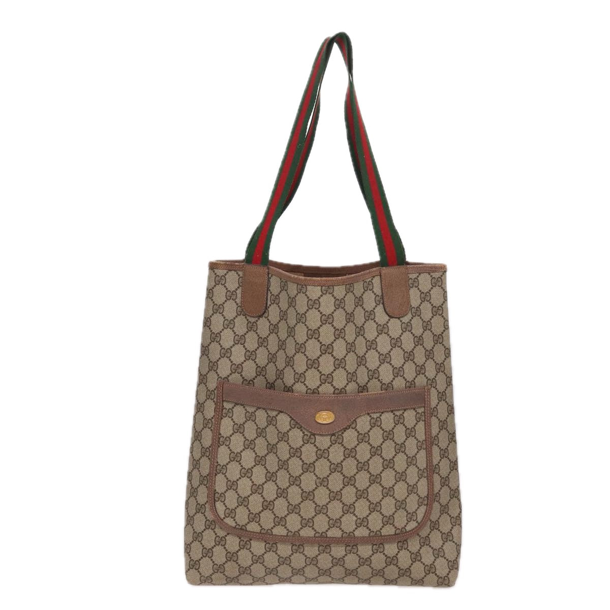 GUCCI GG Canvas Web Sherry Line Tote Bag PVC Leather Beige Green Red Auth 81946 - 0