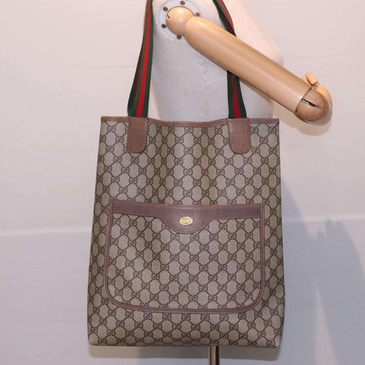 GUCCI GG Canvas Web Sherry Line Tote Bag PVC Leather Beige Green Red Auth 81946