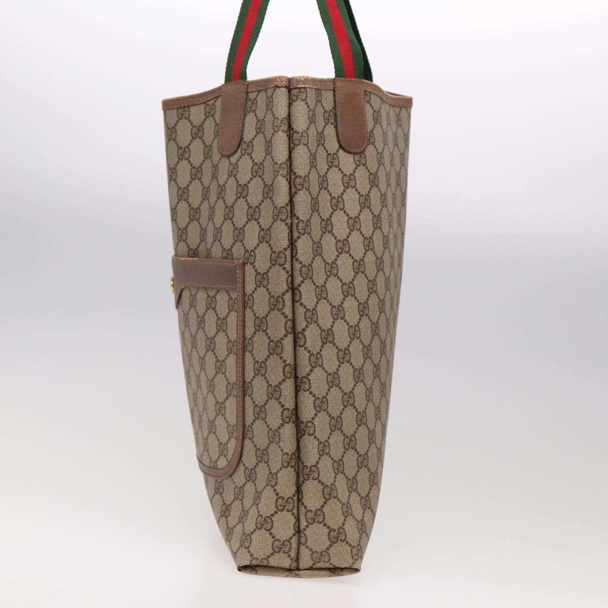 GUCCI GG Canvas Web Sherry Line Tote Bag PVC Leather Beige Green Red Auth 81946