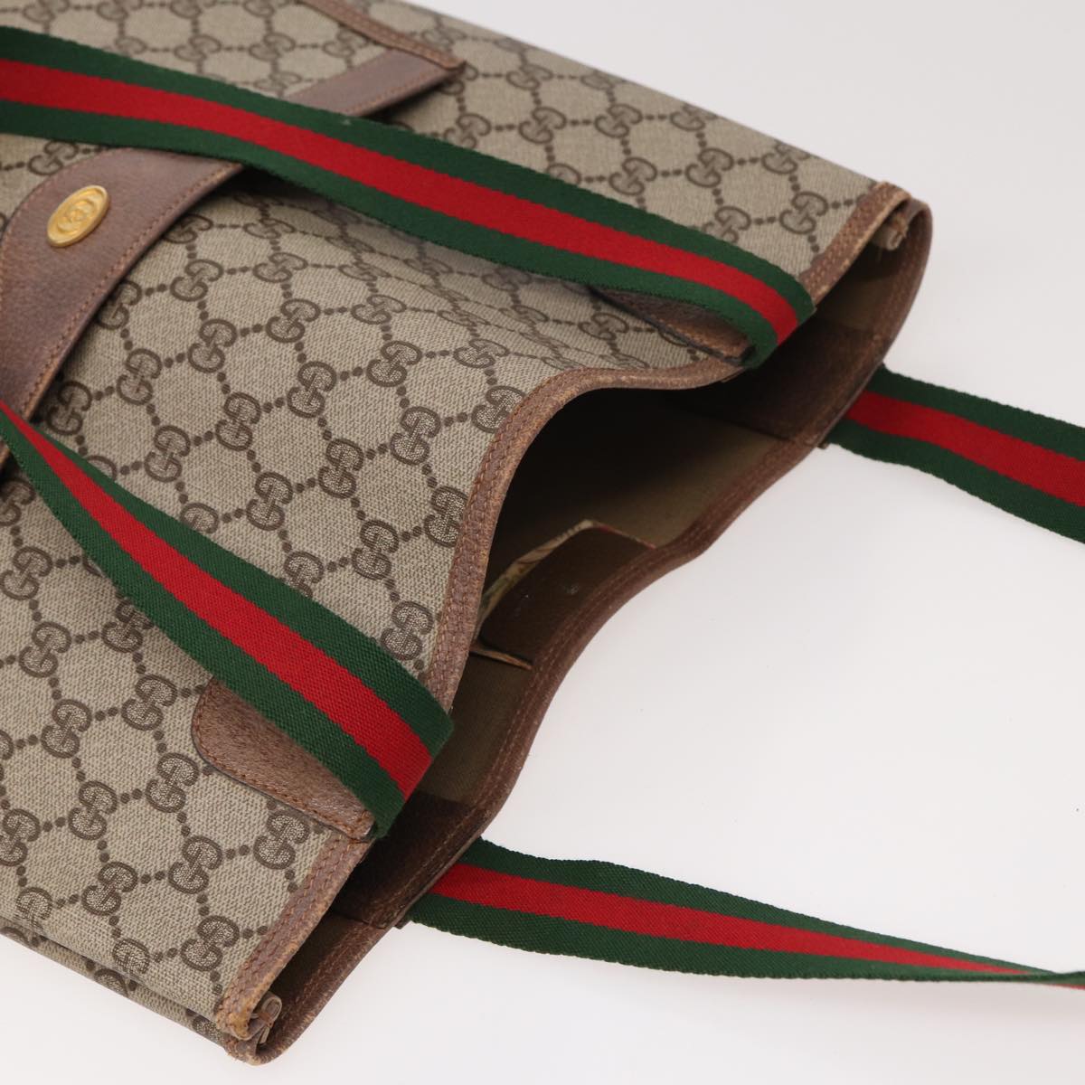 GUCCI GG Canvas Web Sherry Line Tote Bag PVC Leather Beige Green Red Auth 81946