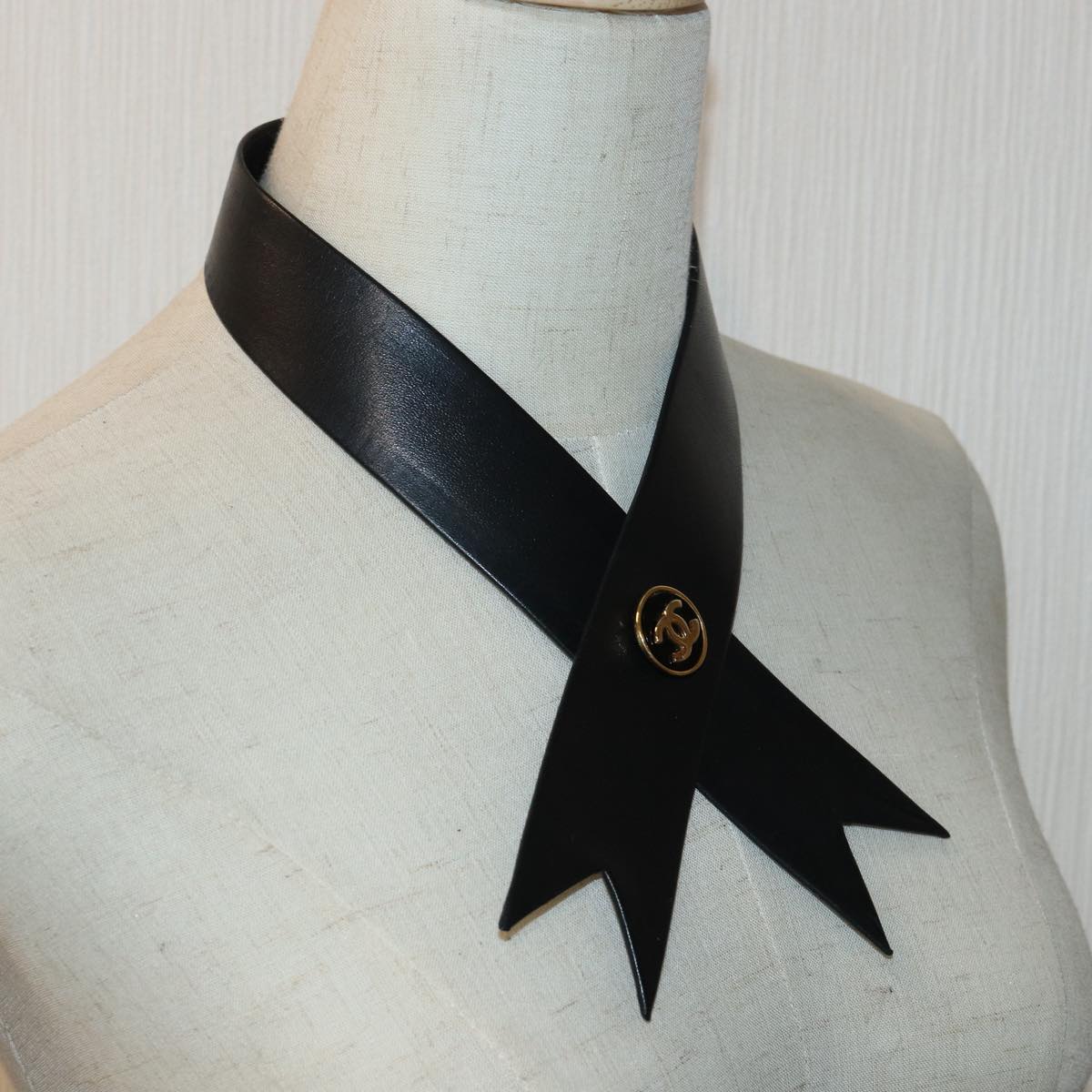 CHANEL COCO Mark Necktie Lamb Skin Black CC Auth 81970