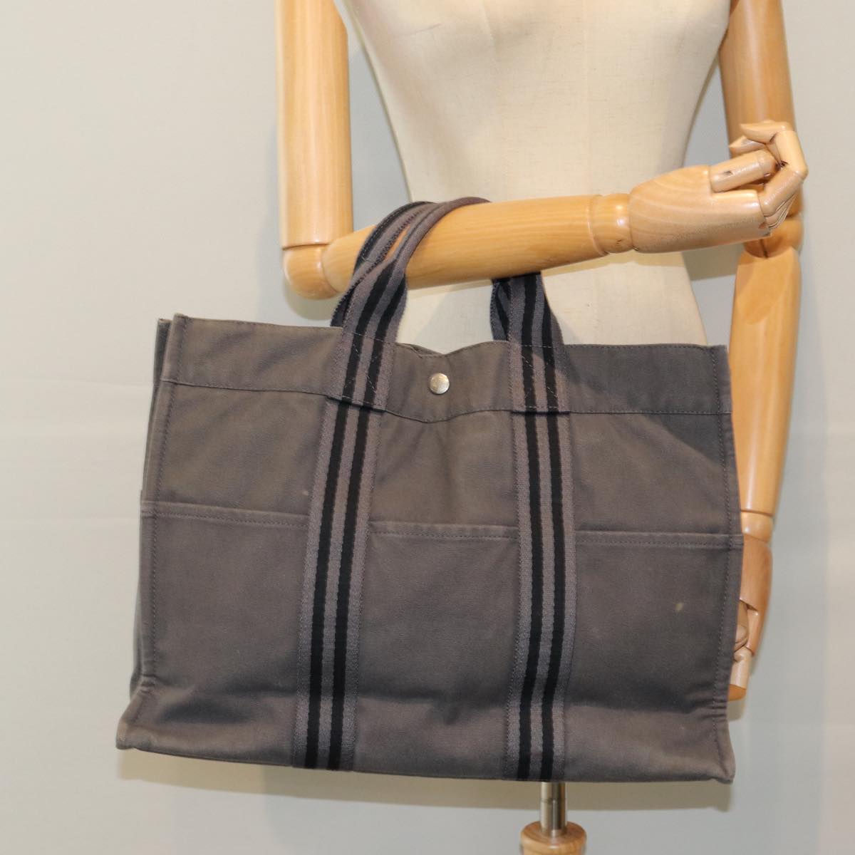 HERMES Fourre Tout MM Hand Bag Canvas Gray Auth 81979