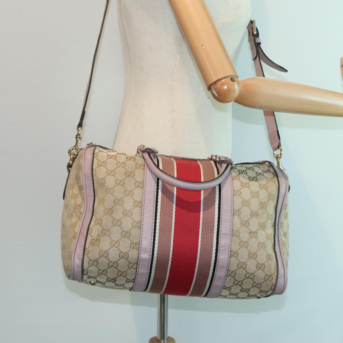 GUCCI GG Canvas Boston Bag 2way Beige Pink Auth 82022