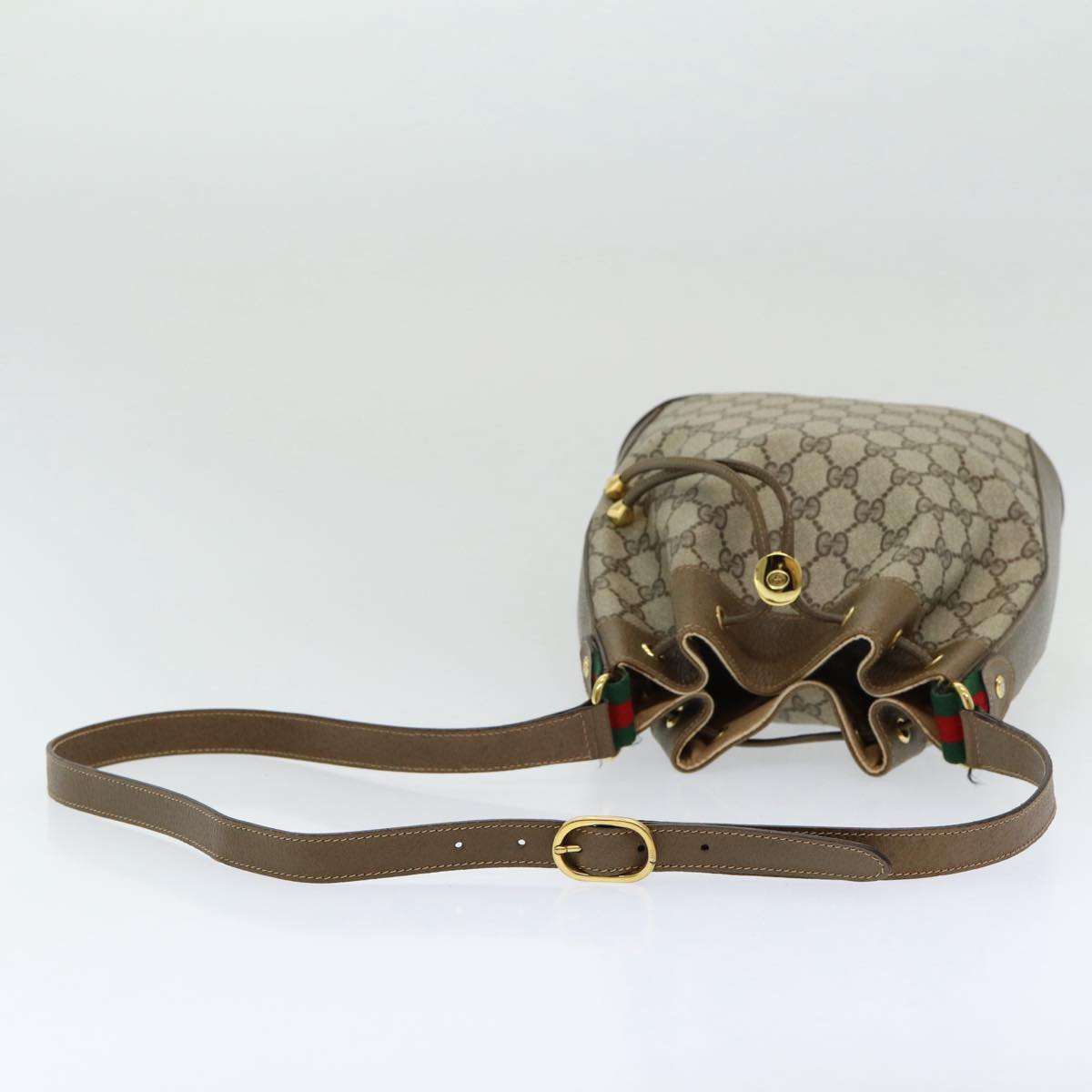 GUCCI GG Canvas Web Sherry Line Shoulder Bag PVC Leather Beige Green Auth 82024