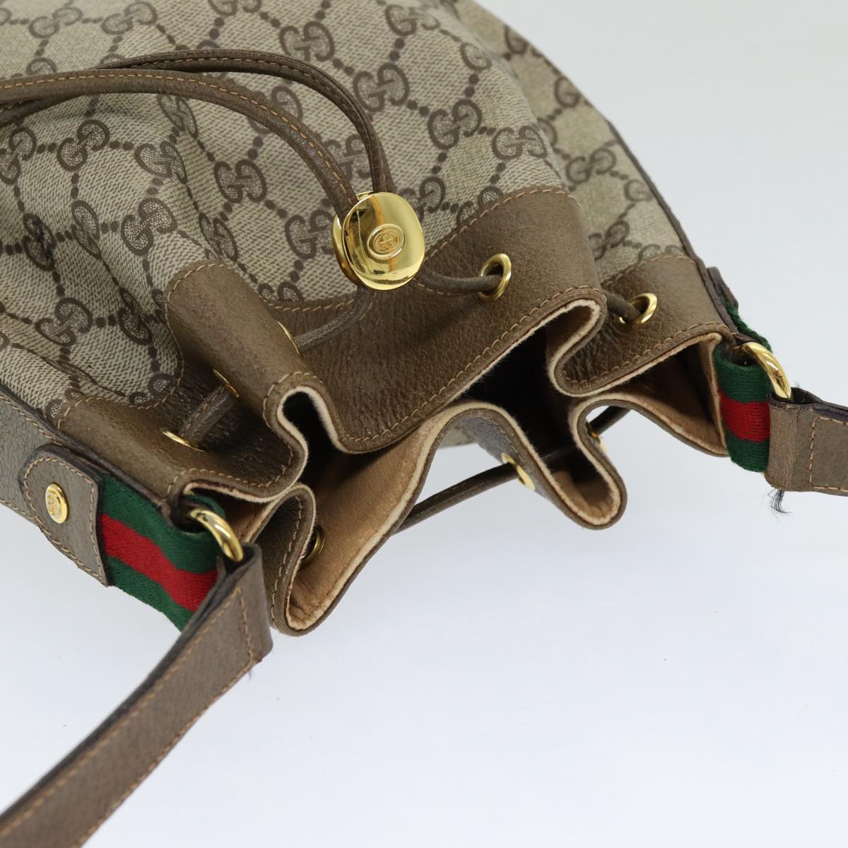 GUCCI GG Canvas Web Sherry Line Shoulder Bag PVC Leather Beige Green Auth 82024