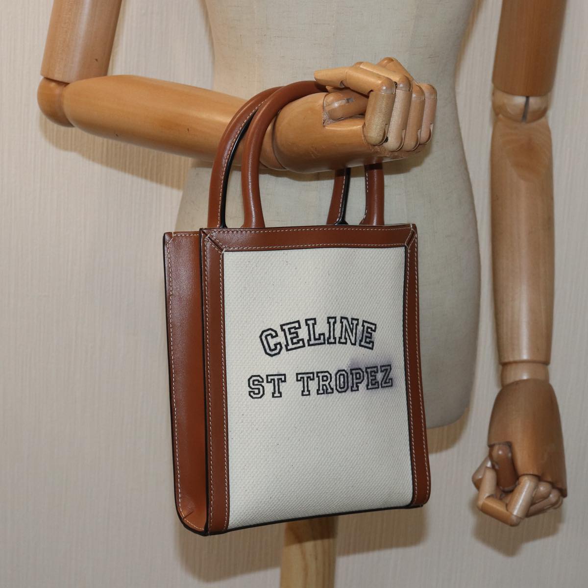 CELINE Mini Vertical Cabas Hand Bag Canvas 2way White Auth 82073