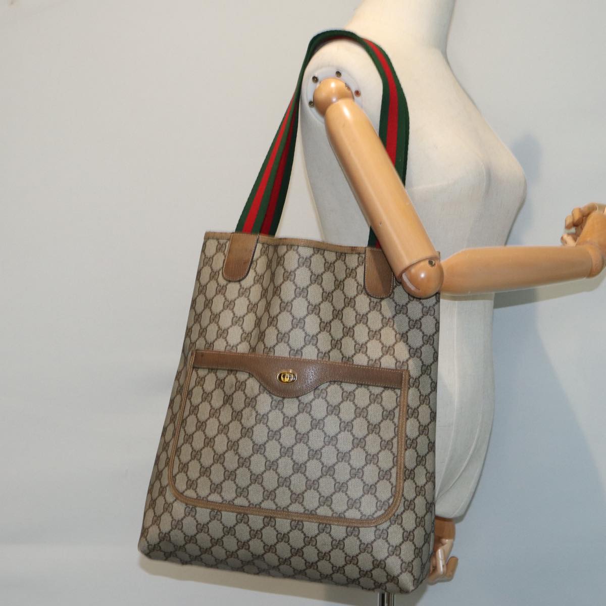 GUCCI GG Supreme Web Sherry Line Tote Bag PVC Leather Beige 39 02 003 Auth 82101