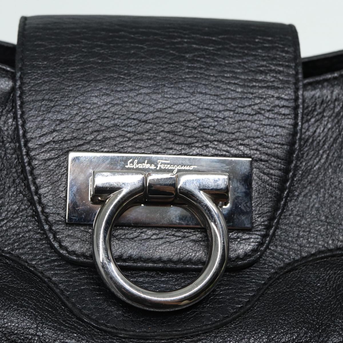 Salvatore Ferragamo Gancini Shoulder Bag Leather Black Silver Auth 82108