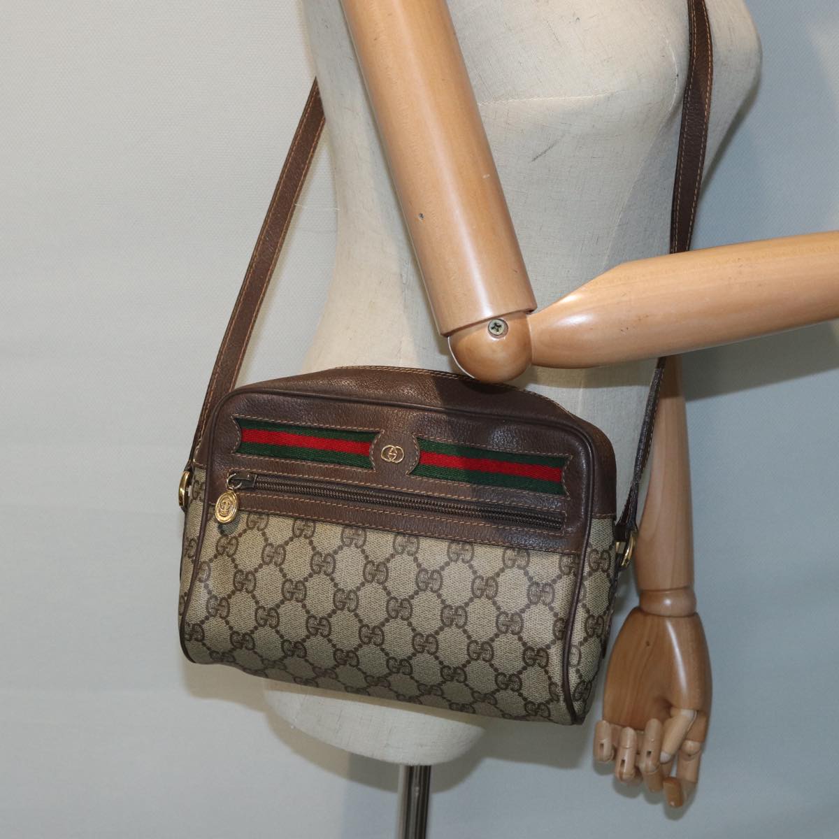 GUCCI GG Supreme Web Sherry Line Shoulder Bag PVC Beige Gold Green Auth 82110