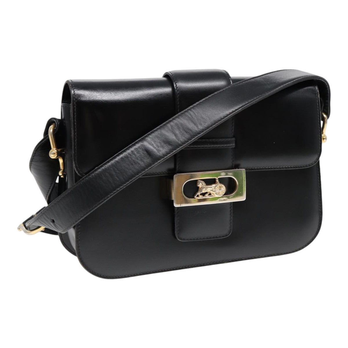 CELINE Shoulder Bag Leather Gold Black Auth 82116