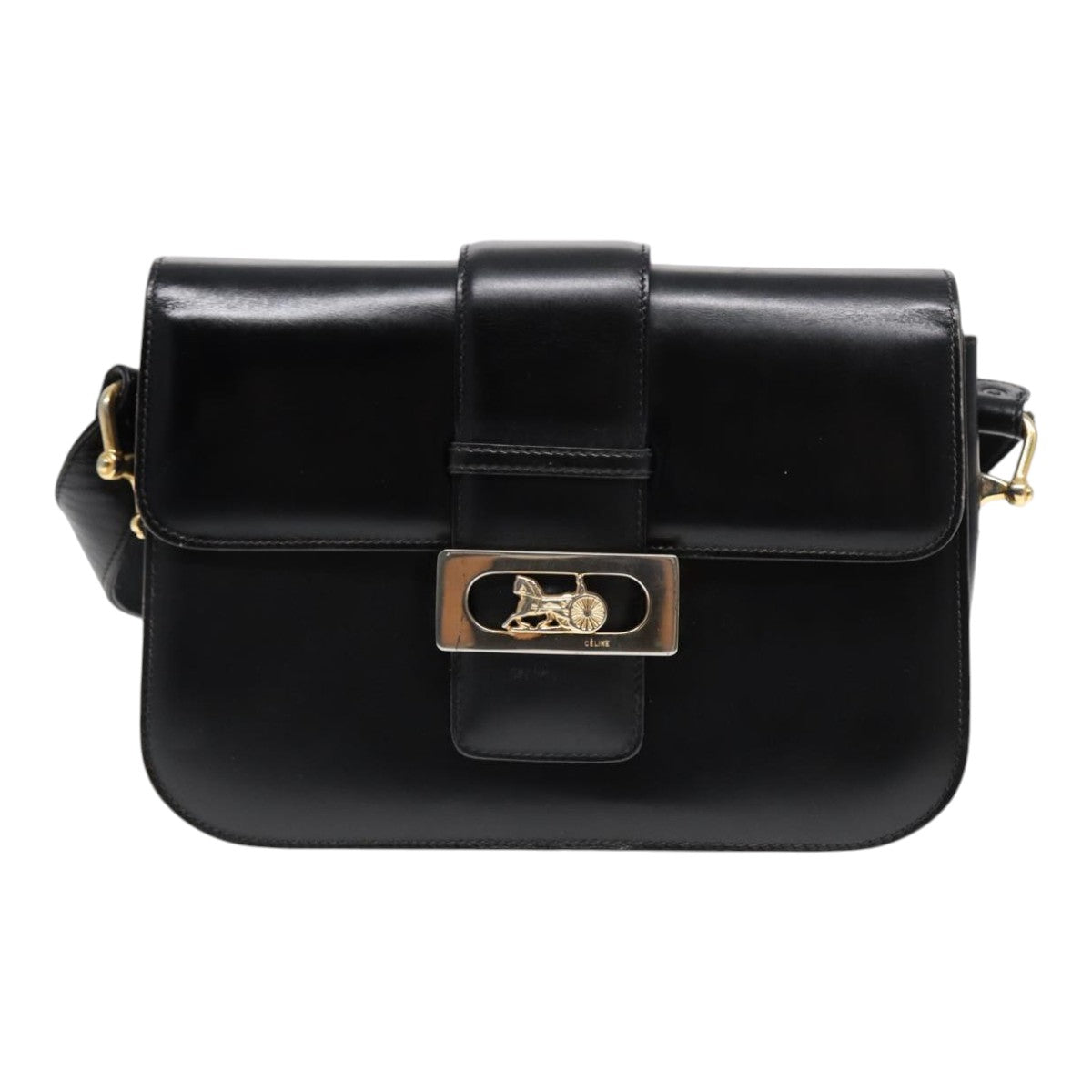 CELINE Shoulder Bag Leather Gold Black Auth 82116 - 0