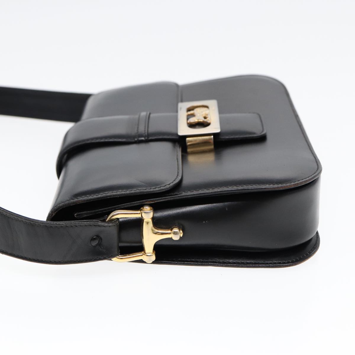 CELINE Shoulder Bag Leather Gold Black Auth 82116