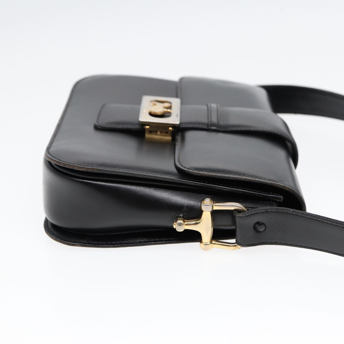 CELINE Shoulder Bag Leather Gold Black Auth 82116