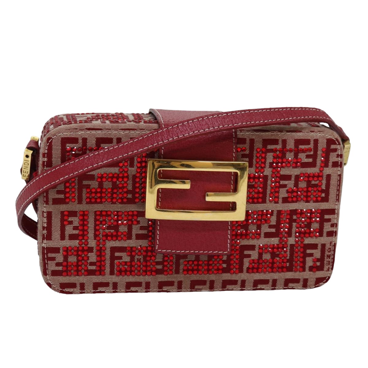 FENDI Mamma Baguette Shoulder Bag Beads Zucchino Canvas Red Auth 82244