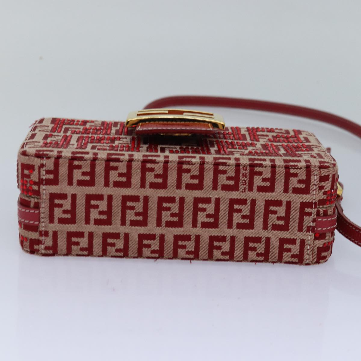 FENDI Mamma Baguette Shoulder Bag Beads Zucchino Canvas Red Auth 82244