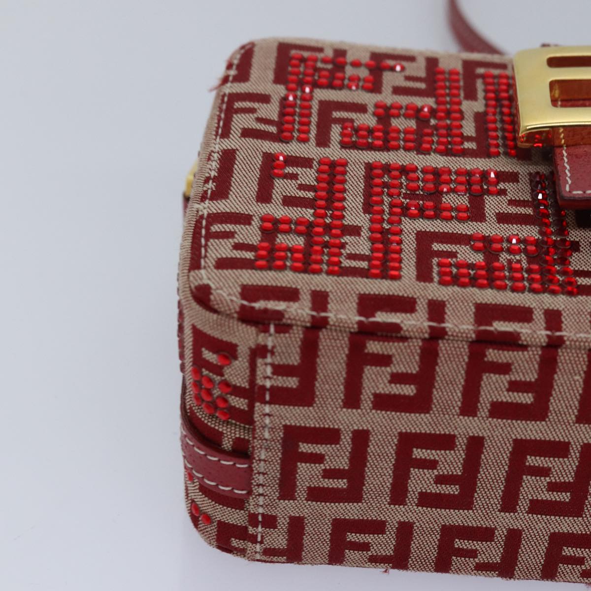 FENDI Mamma Baguette Shoulder Bag Beads Zucchino Canvas Red Auth 82244