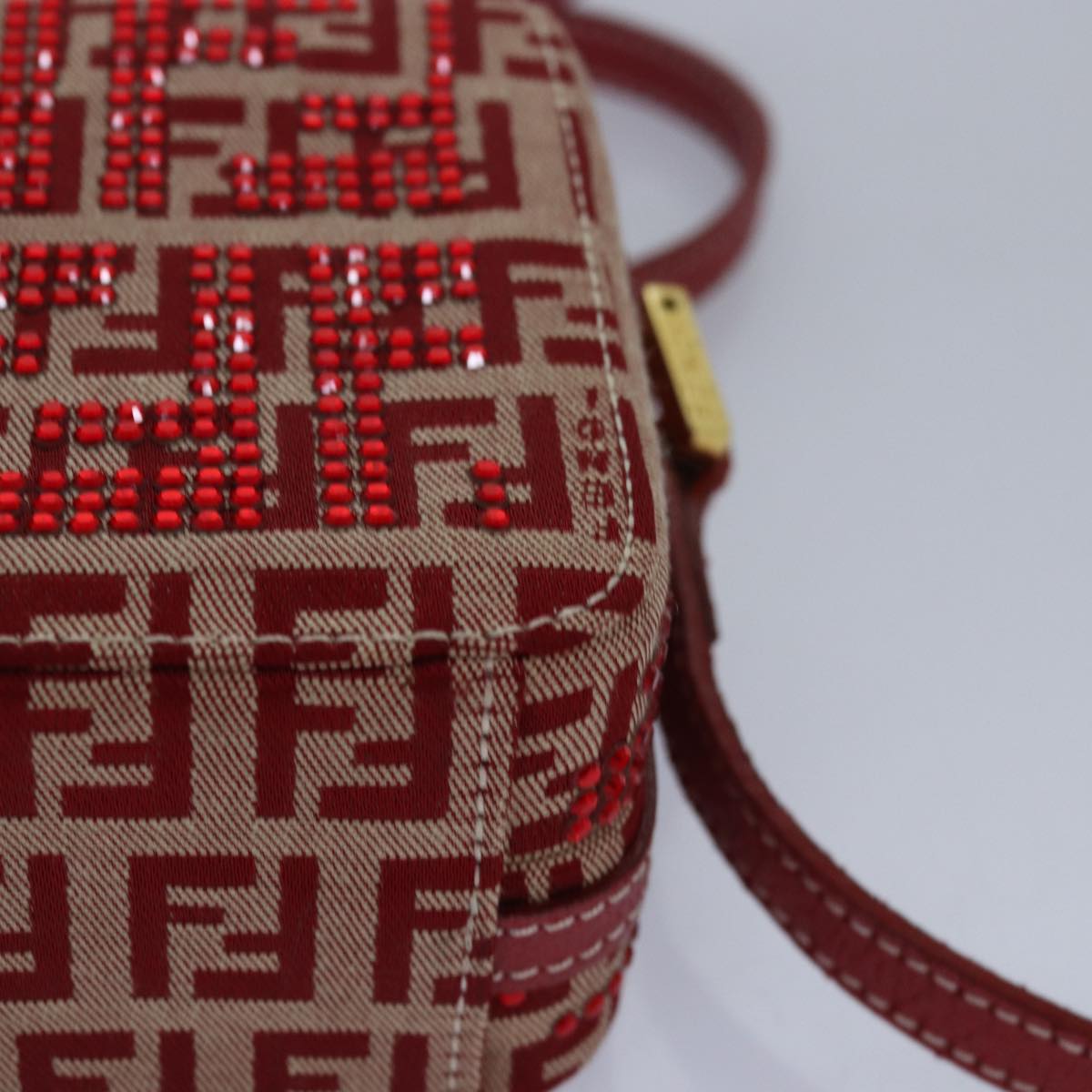 FENDI Mamma Baguette Shoulder Bag Beads Zucchino Canvas Red Auth 82244