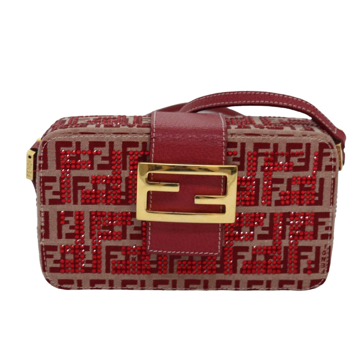 FENDI Mamma Baguette Shoulder Bag Beads Zucchino Canvas Red Auth 82244 - 0