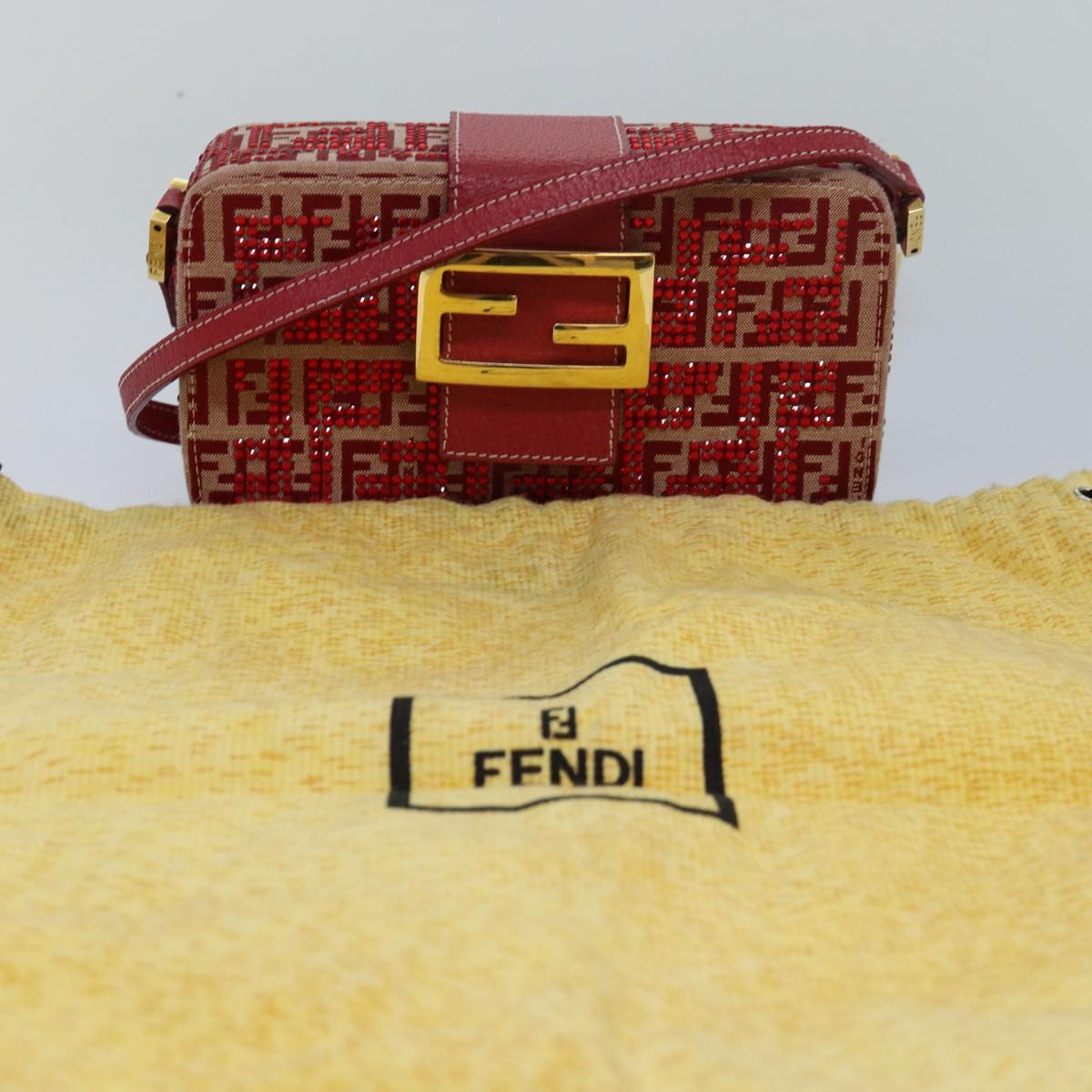 FENDI Mamma Baguette Shoulder Bag Beads Zucchino Canvas Red Auth 82244