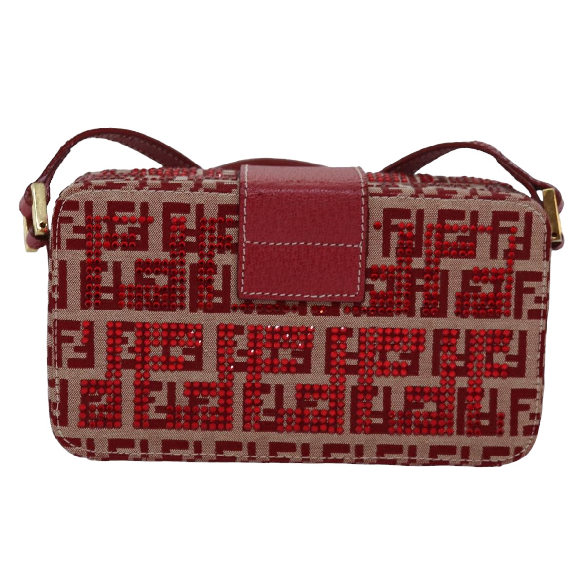 FENDI Mamma Baguette Shoulder Bag Beads Zucchino Canvas Red Auth 82244