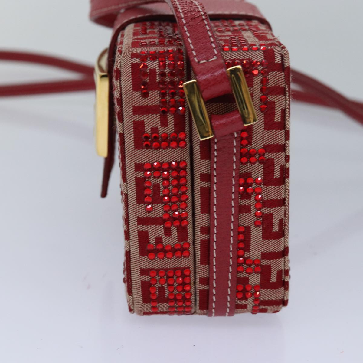 FENDI Mamma Baguette Shoulder Bag Beads Zucchino Canvas Red Auth 82244