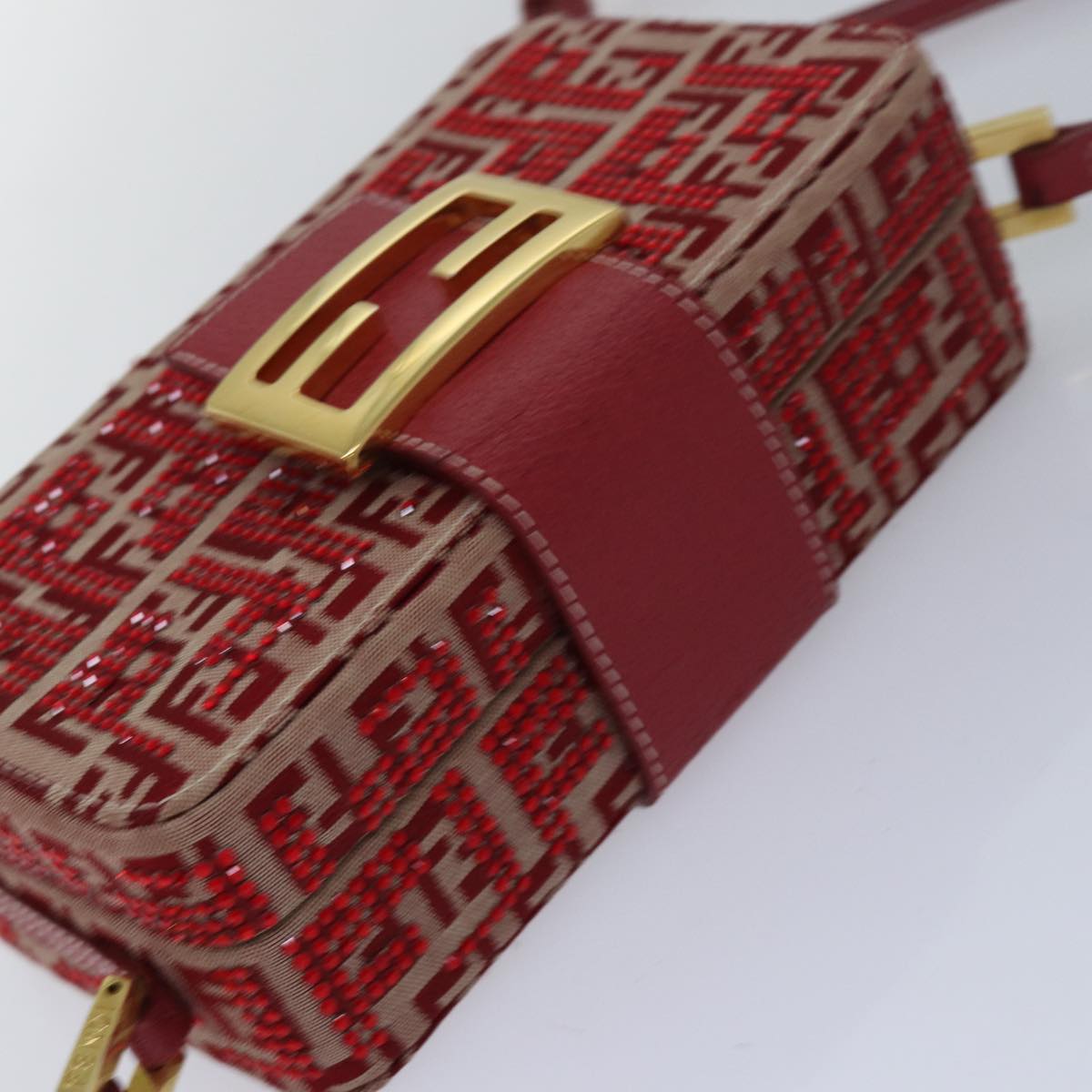 FENDI Mamma Baguette Shoulder Bag Beads Zucchino Canvas Red Auth 82244