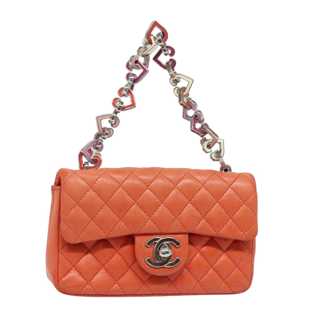 CHANEL Matelasse Chain mini Hand Bag Lamb Skin Orange CC Auth 82245A