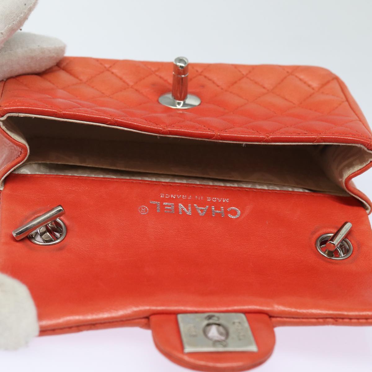 CHANEL Matelasse Chain mini Hand Bag Lamb Skin Orange CC Auth 82245A