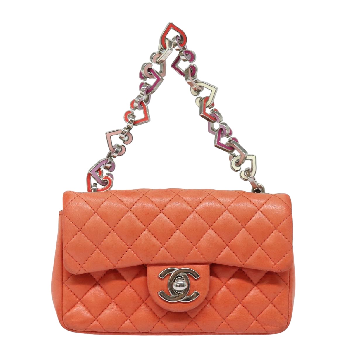 CHANEL Matelasse Chain mini Hand Bag Lamb Skin Orange CC Auth 82245A