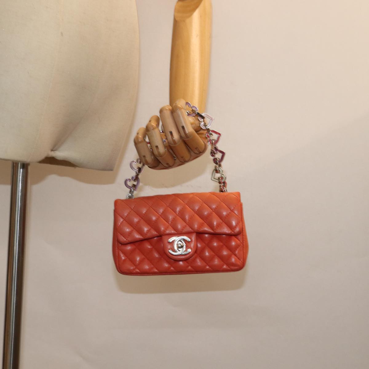 CHANEL Matelasse Chain mini Hand Bag Lamb Skin Orange CC Auth 82245A