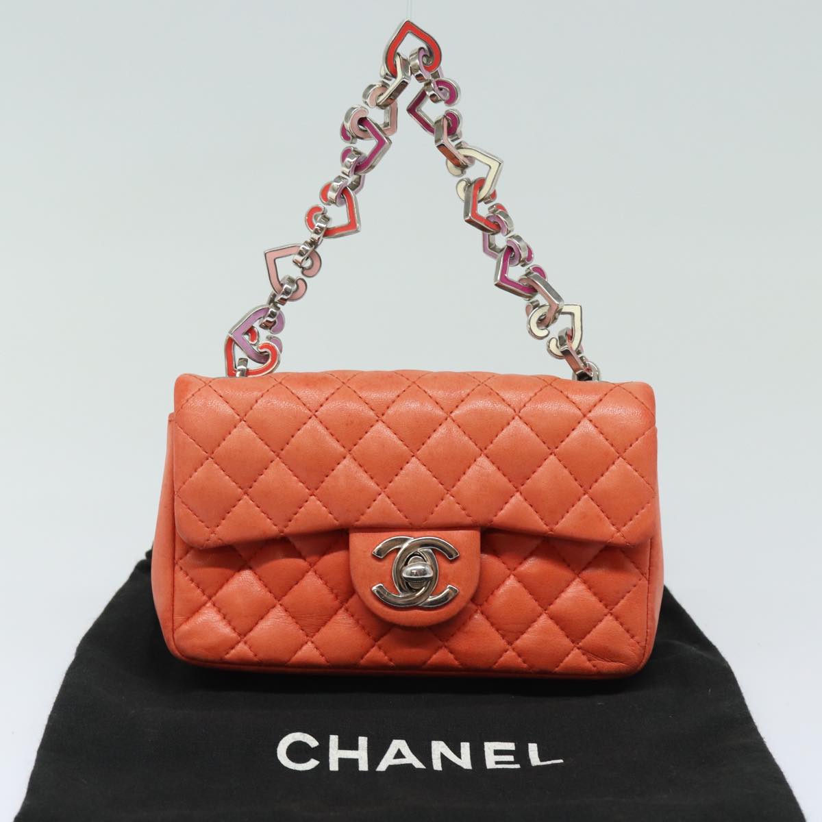 CHANEL Matelasse Chain mini Hand Bag Lamb Skin Orange CC Auth 82245A