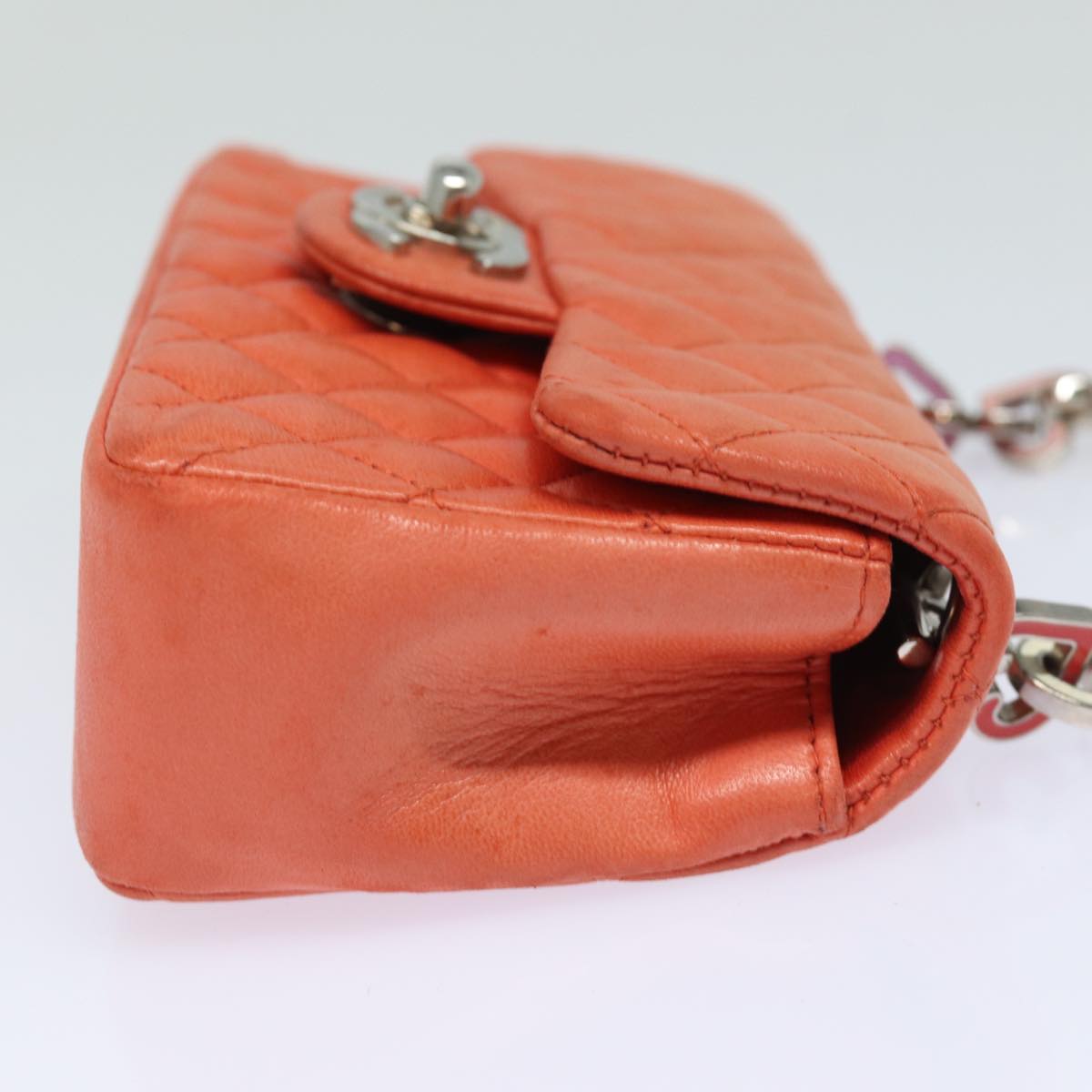 CHANEL Matelasse Chain mini Hand Bag Lamb Skin Orange CC Auth 82245A