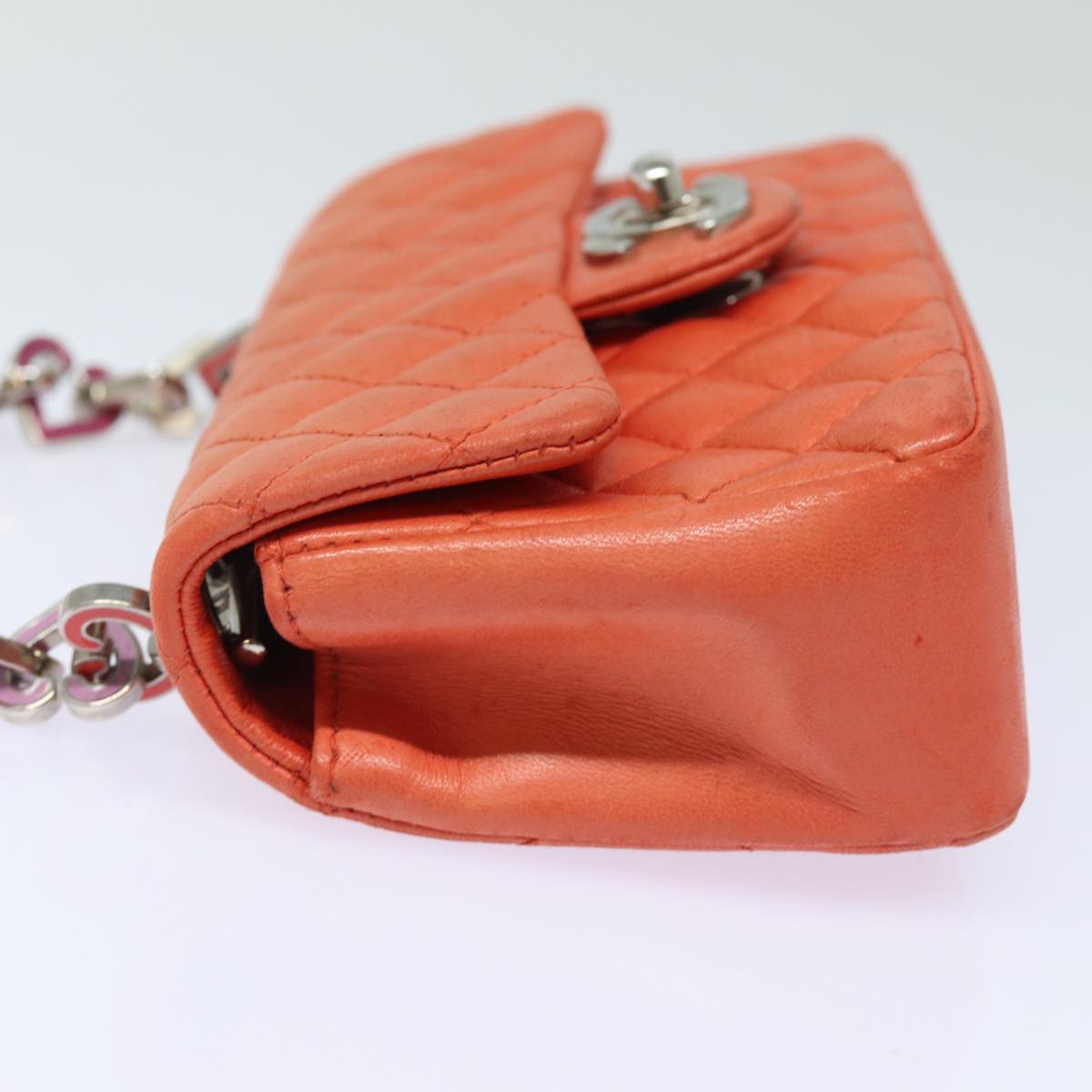 CHANEL Matelasse Chain mini Hand Bag Lamb Skin Orange CC Auth 82245A