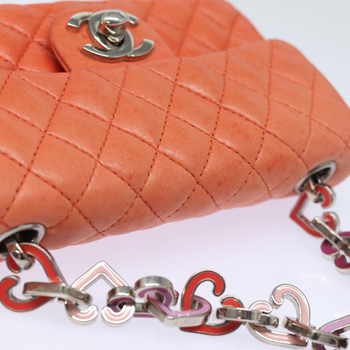 CHANEL Matelasse Chain mini Hand Bag Lamb Skin Orange CC Auth 82245A